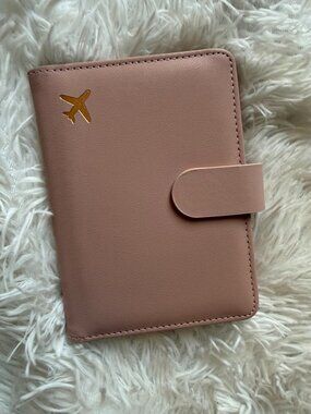 Pink Faux Leather Passport Holder Travel Wallet Card Slots Gold Plane